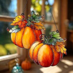 2 Pumpkin Acrylic Suncatcher, Autumn Pumpkin Faux Stained Glass Window Hanging, Harvest Fall Decor Gift For Mom, Autumn Porch Decor